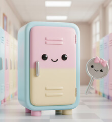 Cute pastel locker with a smiling face and a key, school hallway background