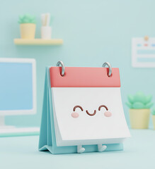 Cute desk calendar with a happy face and plants in the background