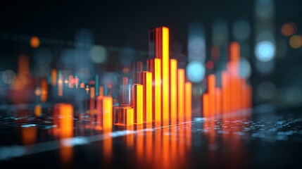 Abstract representation of data visualization with glowing orange bar graphs on a dark background showcasing trends in technology and finance analysis