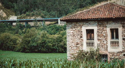 Old stone farmhouse with wooden windows and tiled roof surrounded by lush green field and forested hills in Asturias, Spain. Telephoto view captures rustic charm and peaceful rural landscape
