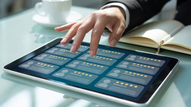 Customer feedback concept with hand touching a digital screen showing reviews and star ratings for business reputation management