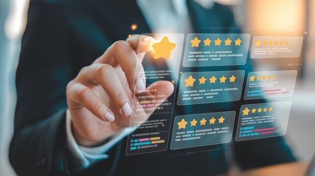 Customer feedback concept with hand touching a digital screen showing reviews and star ratings for business reputation management - Powered by Adobe
