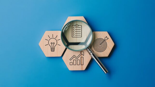 Business strategy icons on wooden hexagons representing idea generation planning growth and target achievement visualized with a magnifying glass on a blue background