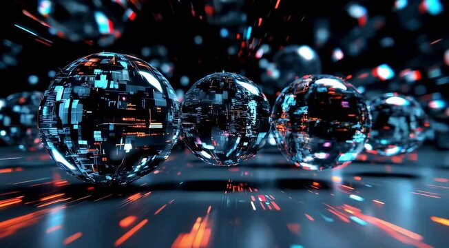 A glitchy, flickering set of rotating spheres, each one distorting with digital interference and data corruption   - Powered by Adobe