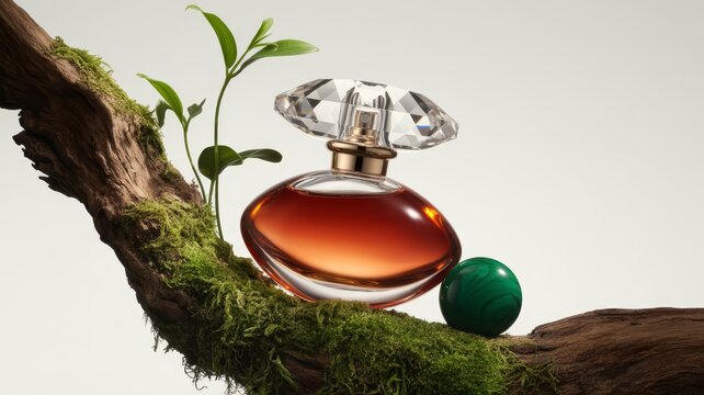 Luxury Perfume Bottle on Mossy Natural Wood with Green Stone and Plant Mockup