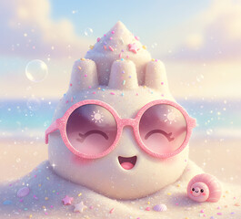 Cute kawaii sandcastle wearing sunglasses on a beach with sparkling sand