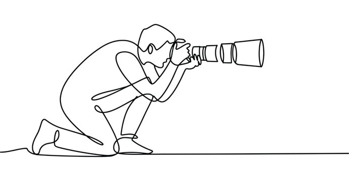 P Minimalist continuous line drawing of a kneeling photographer with telephoto lens, symbolizing creativity, focus, and visual storytelling