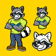 Illustration of a muscular raccoon mascot wearing a t-shirt and jeans with his arms crossed.