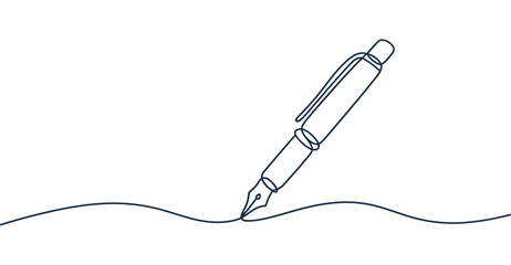  Minimalist continuous line drawing of a fountain pen making a wavy stroke, symbolizing writing, creativity, and elegant communication