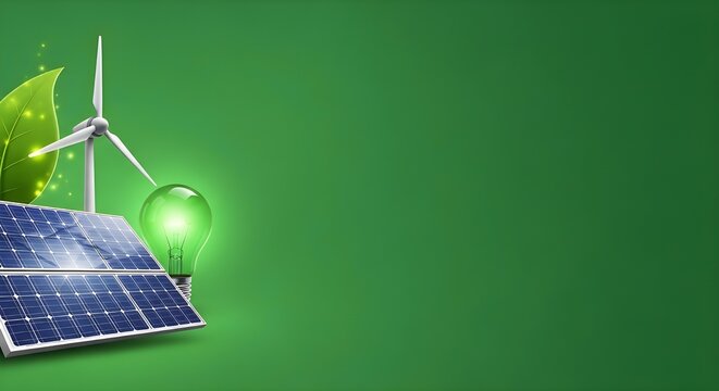 Solar power renewable green energy banner with copyspace, saturated green solid background, bright colors, professional photo