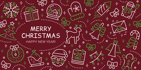 Horizontal web banner with New Year's objects. Christmas elements and decorations. Background template design.