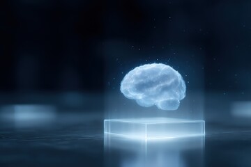 brain floating in holographic data cube, futuristic science interface