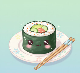 Adorable sushi roll with kawaii face and chopsticks on a plate, closeup view