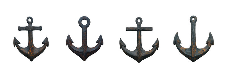 Four antique rusty anchors isolated on transparent background