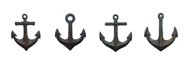 Four antique rusty anchors isolated on transparent background