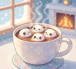 Cozy winter scene with a mug of hot chocolate and smiling marshmallows by the fireplace