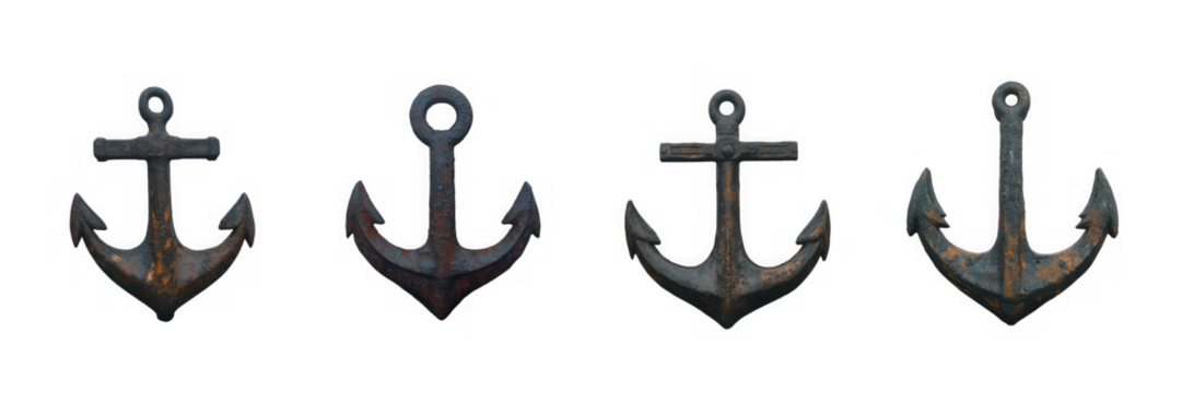 Four antique rusty anchors isolated on transparent background