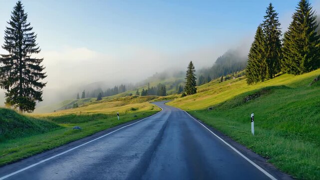 Scenic winding road through lush green hills, rolling landscape, tall trees along the roadside, natural beauty