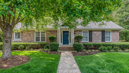 Beautiful brick home with a blue door and lush green landscaping