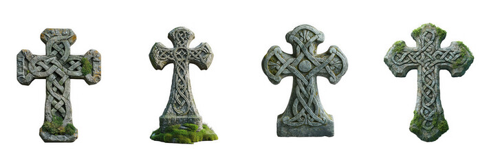 Four ancient celtic stone crosses covered in moss isolated on transparent background