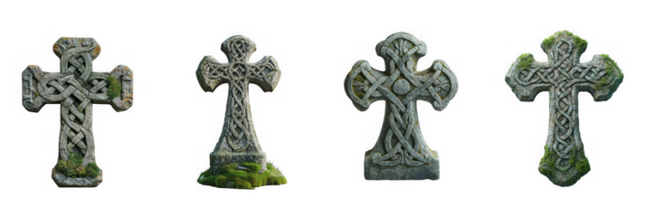 Four ancient celtic stone crosses covered in moss isolated on transparent background