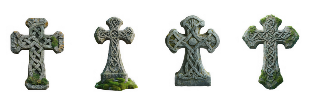 Four ancient celtic stone crosses covered in moss isolated on transparent background