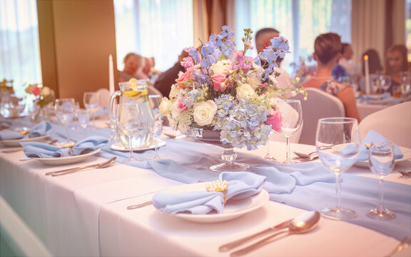 Pastel floral decor, Serene wedding banquet with delicate accents and warm ambiance, Charming pastel themed wedding display in sunlit banquet setting with guests