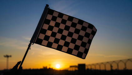Checkered Flag at Sunset - Racing Event Wrap-Up Scene