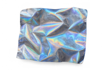 Crumpled iridescent holographic foil texture creating abstract futuristic rainbow reflections on transparent background