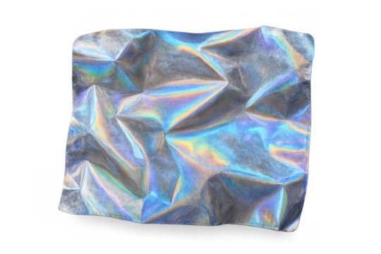 Crumpled iridescent holographic foil texture creating abstract futuristic rainbow reflections on transparent background