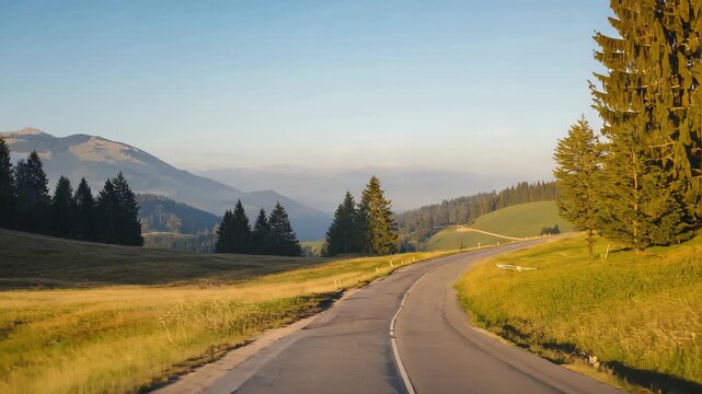 Scenic winding road through lush green hills, rolling landscape, tall trees along the roadside, natural beauty