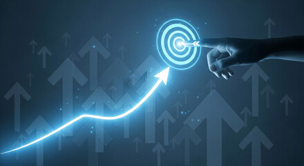 Hand pointing at a target with an arrow pointing up, representing business growth