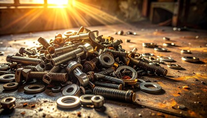 Metal Parts and Hardware Scattered Across Workbench With Side Light