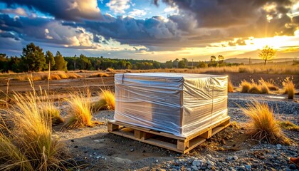 Wrapped Pallet of Construction Materials on Gravel Lot
