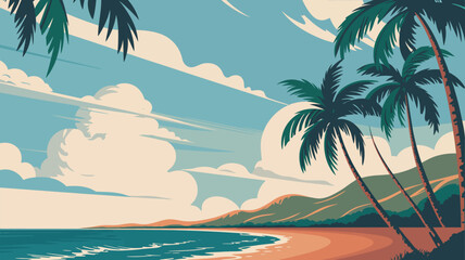 Fototapeta premium Vector postcard design of a tropical beach resort. Featuring palm trees, retro typography, and a vintage color palette, evoking the relaxed atmosphere of a seaside vacation