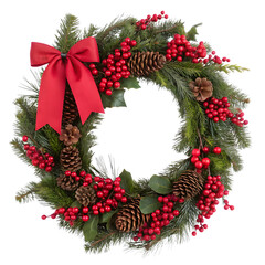 “Christmas Wreath with Red Berries and Pine Cones, Festive Holiday Decoration on White Background”