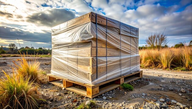 Wrapped Pallet of Construction Materials on Gravel Lot
