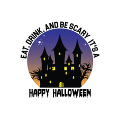 Happy Halloween haunted castle with spooky trees and text