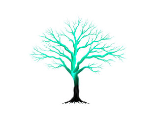 Leafless tree with glowing turquoise branches, isolated on transparent background, evokes mystical and surreal atmosphere, perfect for fantasy, nature, or digital art concepts