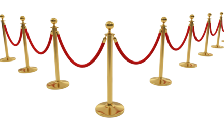 Gold stanchions with red velvet rope isolated on transparent background, perspective view