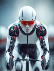 Fototapeta premium Robot Cyclist Racing in Motion Blur With Aerodynamic Glasses During a Futuristic Competition