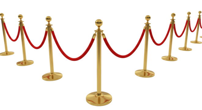 Gold stanchions with red velvet rope isolated on transparent background, perspective view