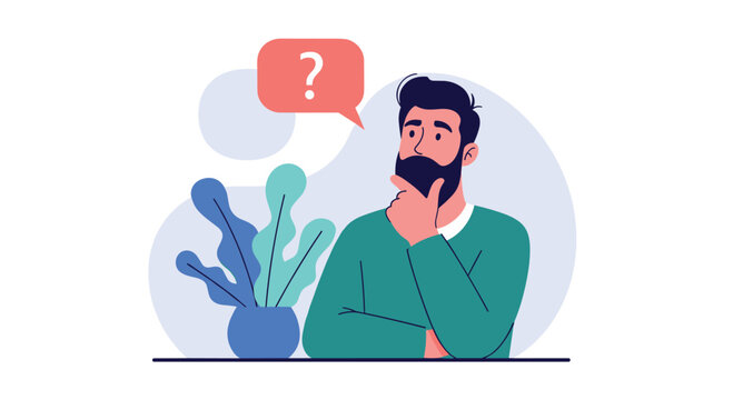 Man thinking about a question mark in a speech bubble above his head while sitting at a desk with plants.