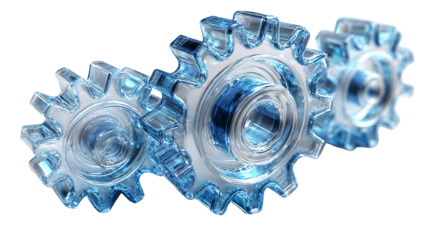 Precision Gears: An intricately detailed assembly of three transparent gears interlock seamlessly, symbolizing the precision of mechanics, the synergy of technology, and the cog of progress.