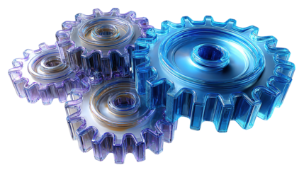 Interlocking gears: A detailed image of interlocked gears, each gear rendered in a translucent material with light interacting through them, creating a sense of motion, progress and teamwork. 