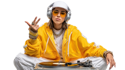 Cool Beats: A stylish DJ with headphones, radiating confidence, sits beside a turntable, ready to drop a fresh beat, showcasing the energy of music and rhythm.