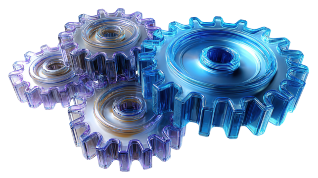 Interlocking gears: A detailed image of interlocked gears, each gear rendered in a translucent material with light interacting through them, creating a sense of motion, progress and teamwork. 
