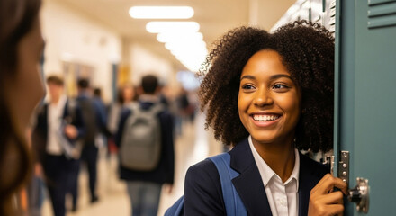 Student opening locker door with cheerful expression in busy school hallway, education and social interaction