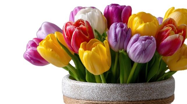 Vibrant Tulip Bouquet: A close-up view captures a stunning arrangement of colorful tulips in full bloom. Each petal whispers tales of spring awakening.