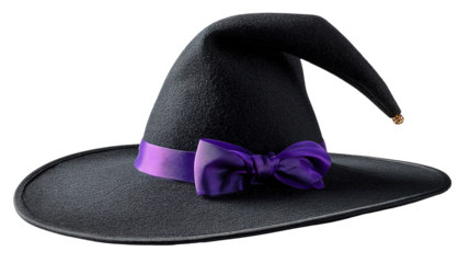 Witch Hat: A classic black witch hat, adorned with a vibrant purple ribbon and bow, embodies the spirit of Halloween and all things mystical and magical.